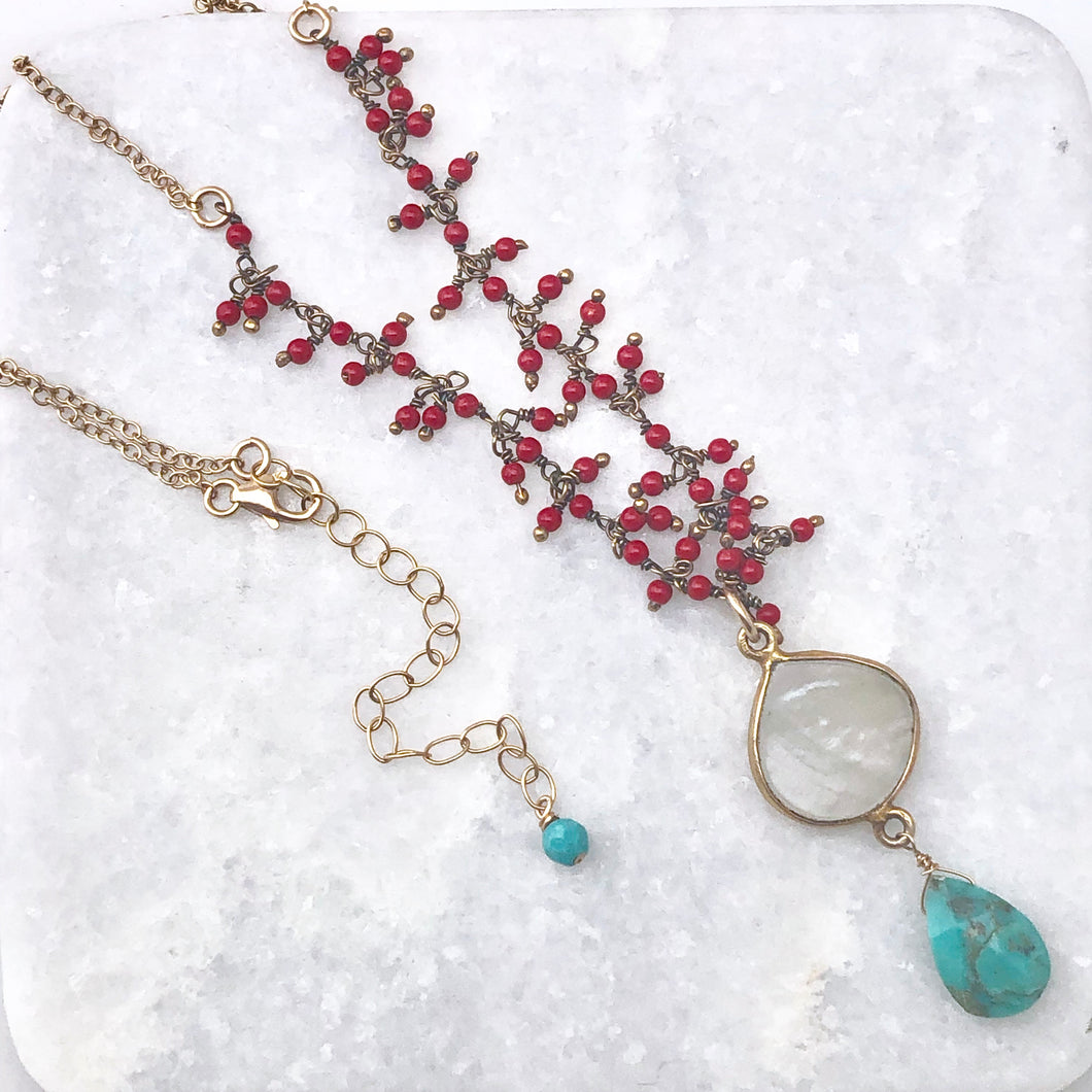 Srinagar Shell Necklace - red coral and turquoise