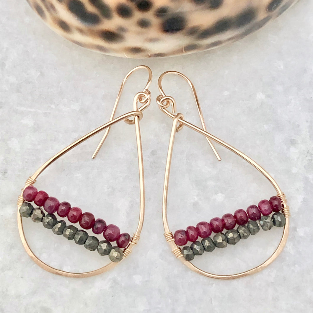 Twin Peaks Woven Hoop Earrings ~ pyrite & ruby