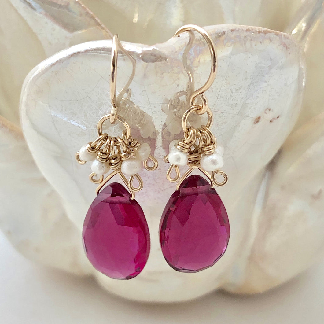 Pearly Cluster Earrings ~ Rubellite & Pearl