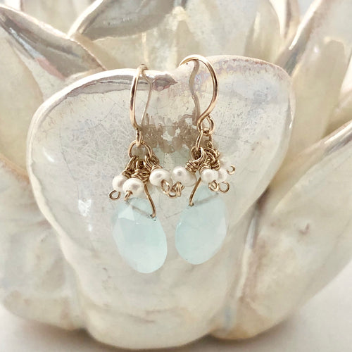 Pearly Cluster Earrings ~ Aqua Chalcedony & Pearl