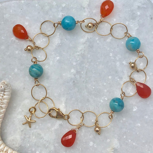Carnelian & Turquoise Charm  Bracelet