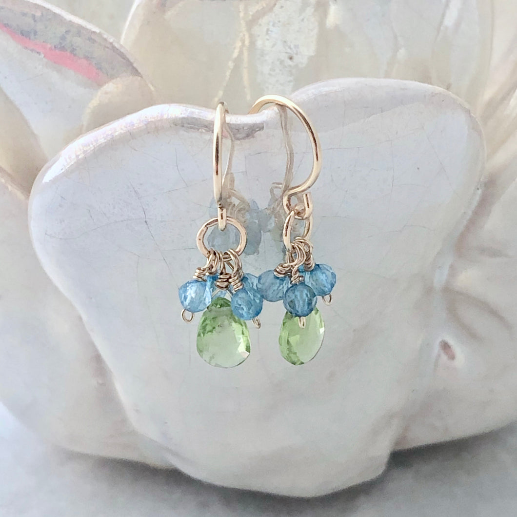 Capri Tiny Cluster Earrings ~ peridot and topaz